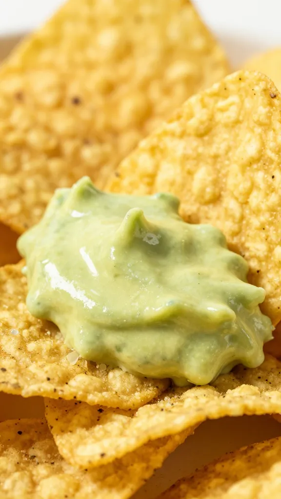 tortilla chip dipped in avocado lime crema, closeup