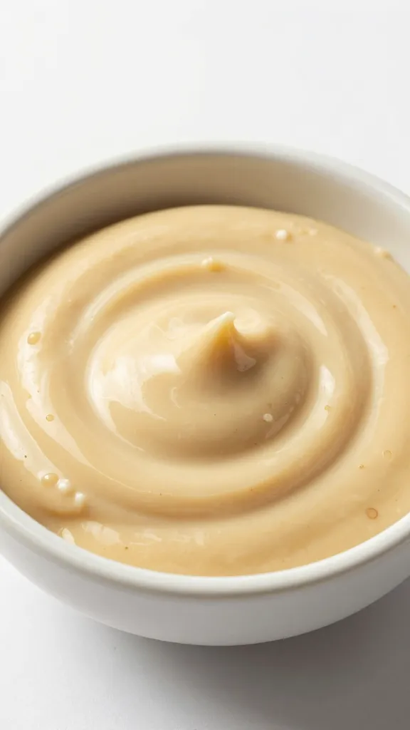 Glossy tahini miso swirl in a small ceramic bowl