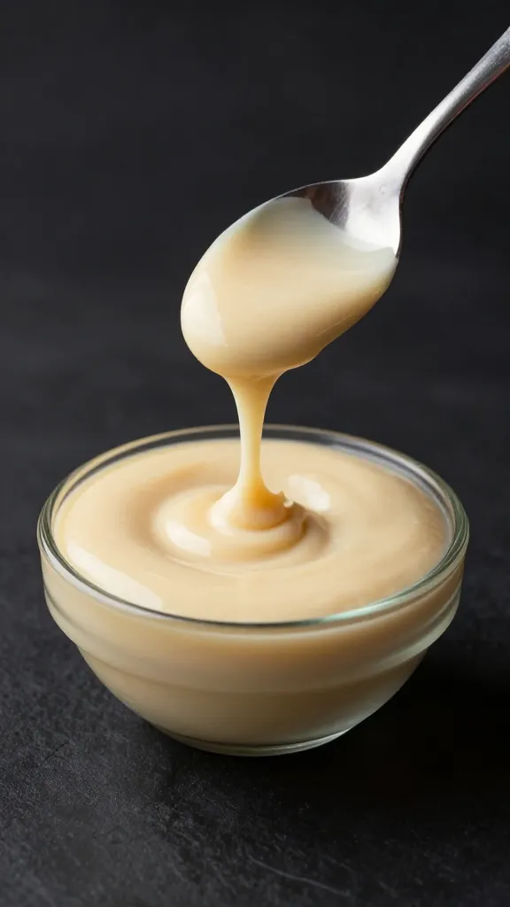 Spoon dripping tahini miso cream over matte black background