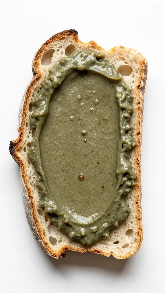 Single slice sourdough with tahini miso spread, overhead