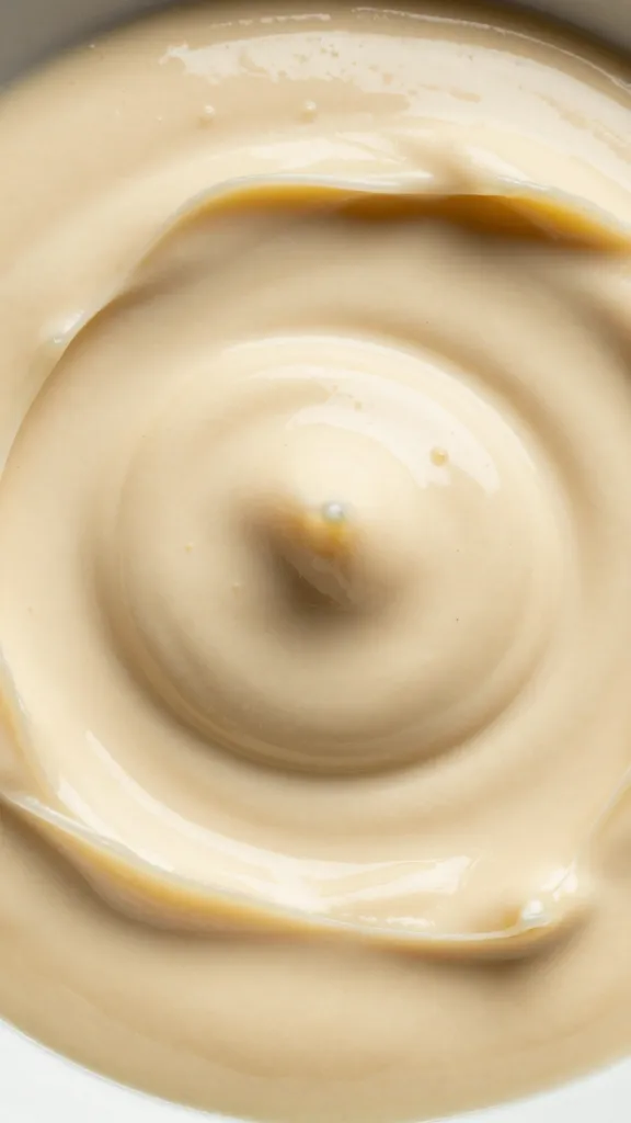 Closeup whisk coated in tahini miso cream