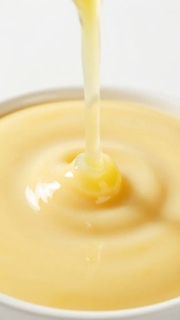 Stream of lemon juice hitting tahini miso mixture, macro