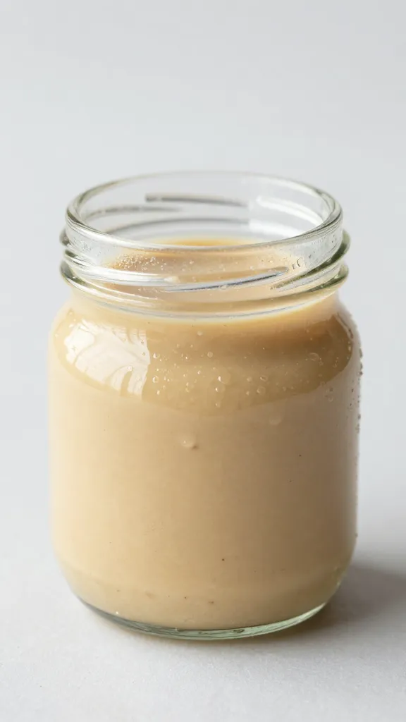 Small glass jar of tahini miso dressing with condensation
