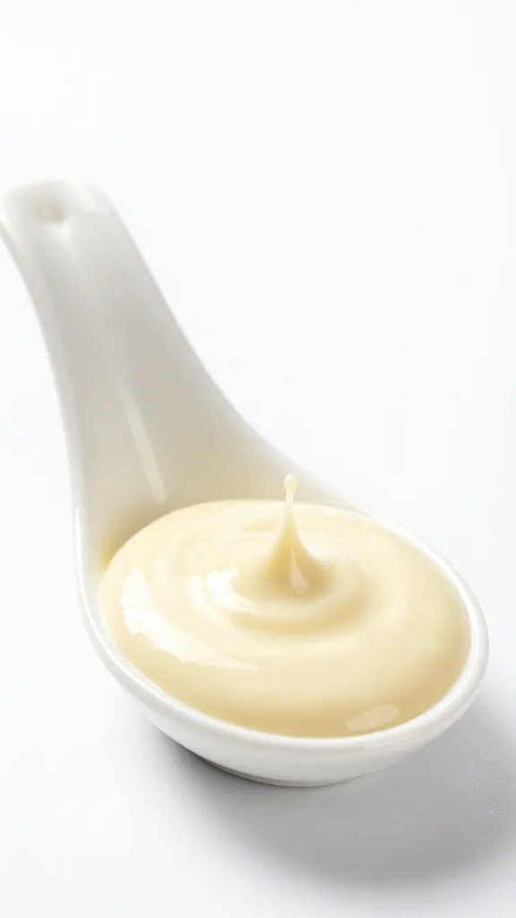 Drizzle of tahini miso sauce on white porcelain spoon