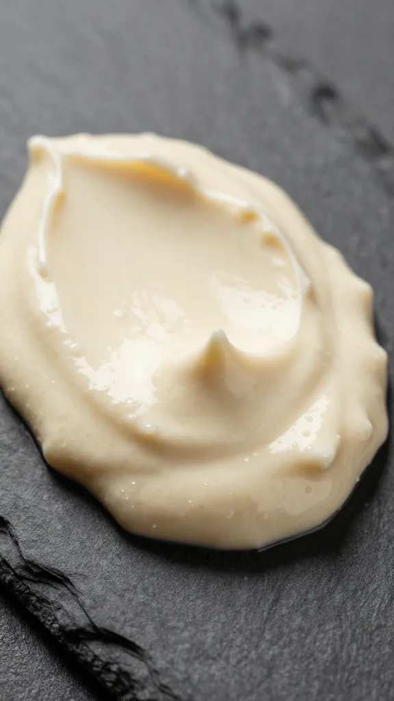 Dollop of tahini miso cream on slate plate, macro