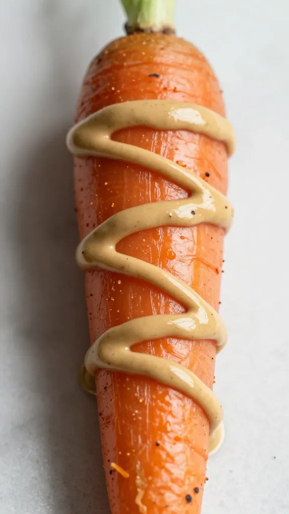 Single roasted carrot topped with tahini miso drizzle, closeup