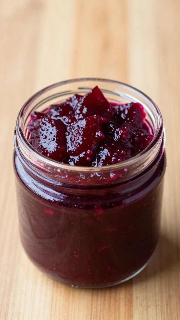 closeup jar of beetroot relish on wood table