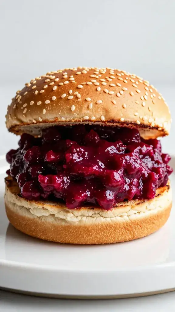 single burger topped with beetroot relish, sesame bun