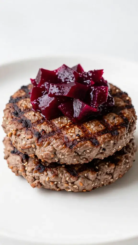 grilled beef patty crowned with beetroot relish