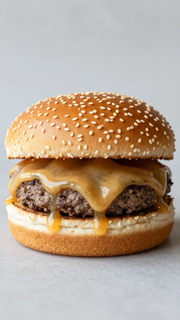 single burger dripping monkey gland sauce on sesame bun