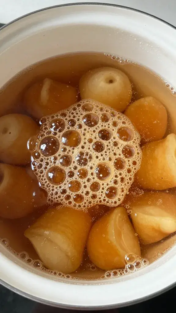 enamel saucepan simmering monkey gland sauce, bubbles popping