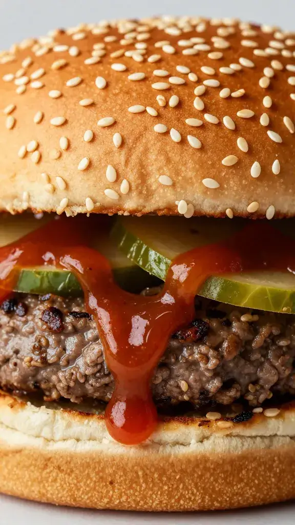 closeup burger with berbere ketchup drizzle on sesame bun