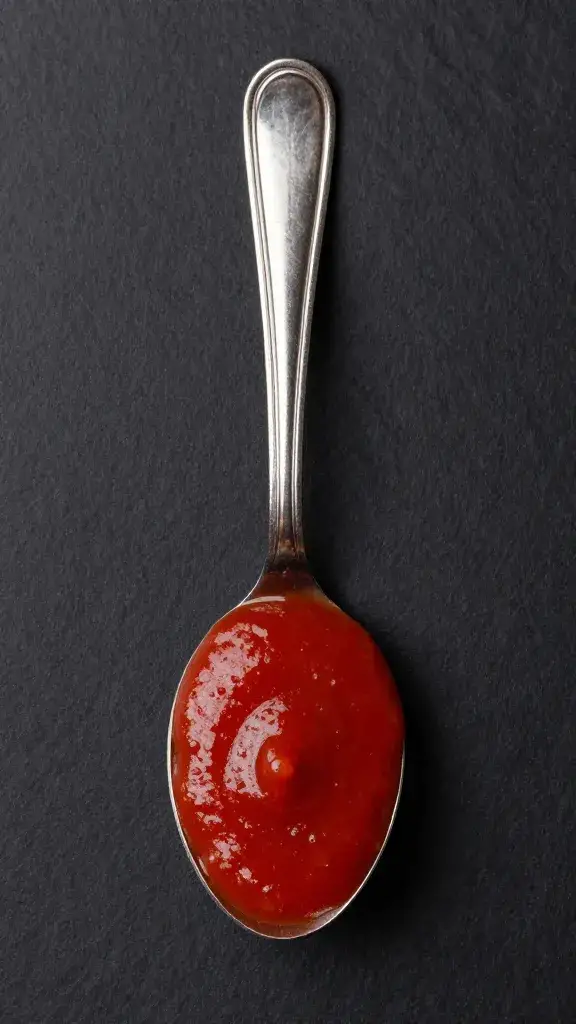 spoonful of berbere ketchup against matte black background