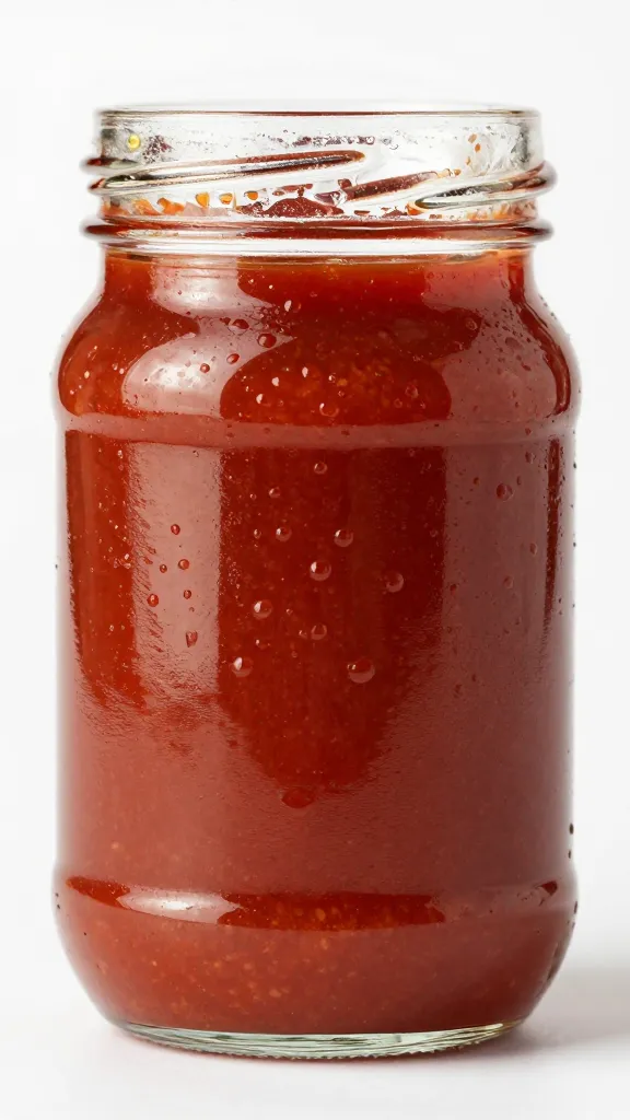 glass jar of berbere ketchup with condensation beads