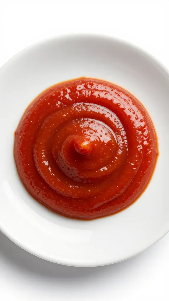 smear of berbere ketchup on white porcelain plate