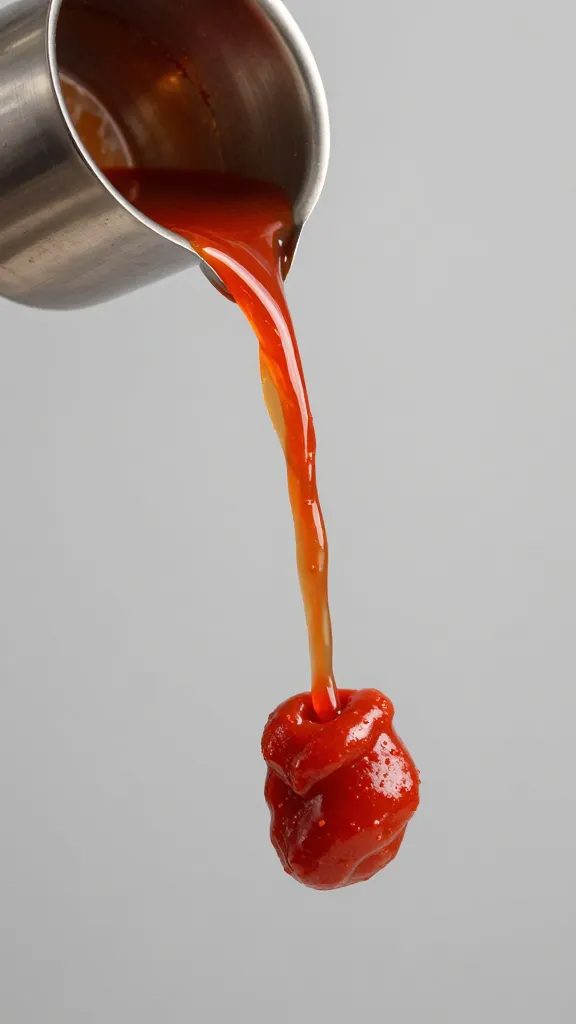 stainless ladle pouring berbere ketchup in midair