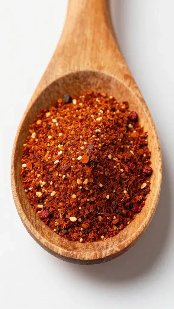 rustic wooden spoon mounded with berbere spice blend