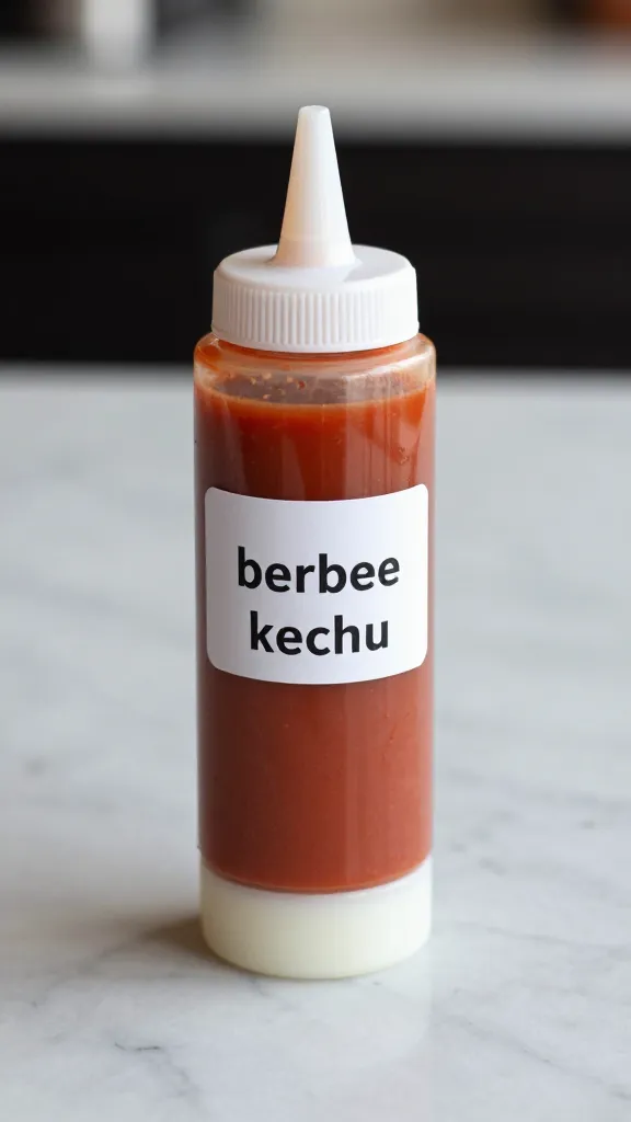 chef’s squeeze bottle labeled “berbere ketchup” on marble counter