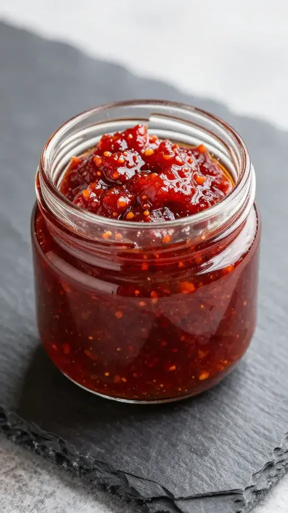 closeup jar of red Georgian adjika on slate board