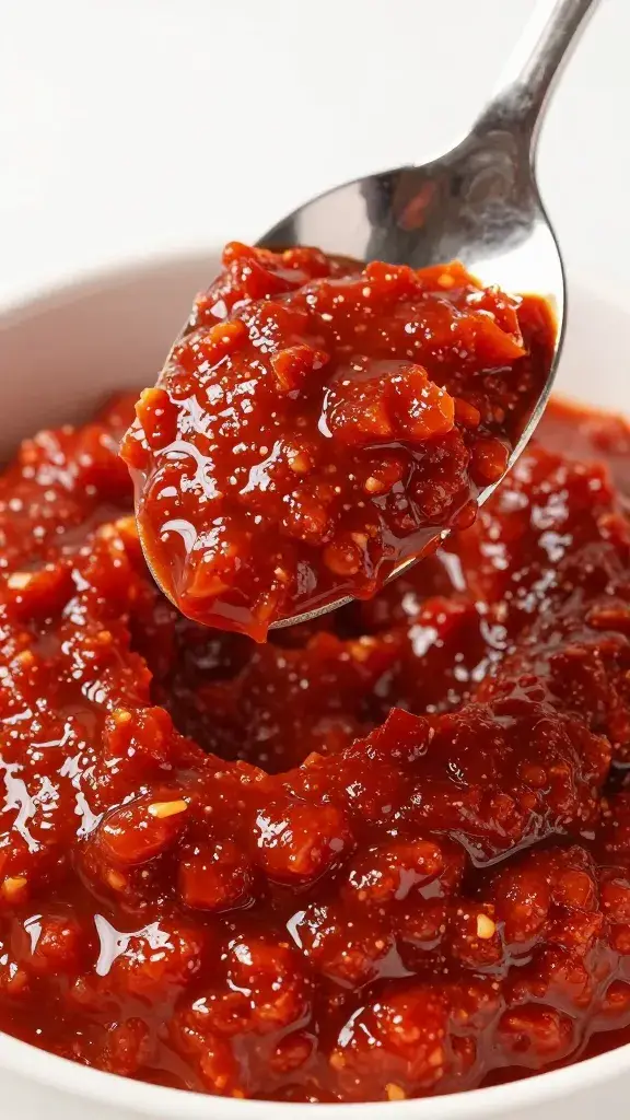 spoonful of red adjika paste, textured and glossy