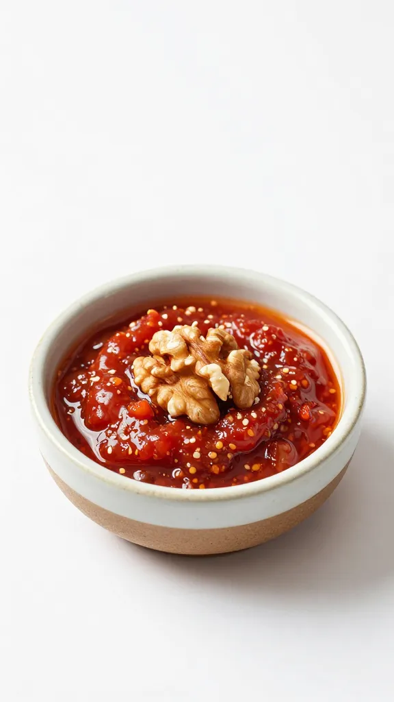 small ceramic bowl of red adjika with visible walnuts