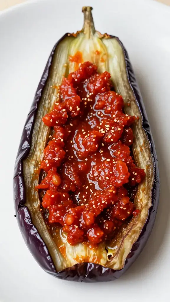 roasted eggplant half topped with red adjika glaze
