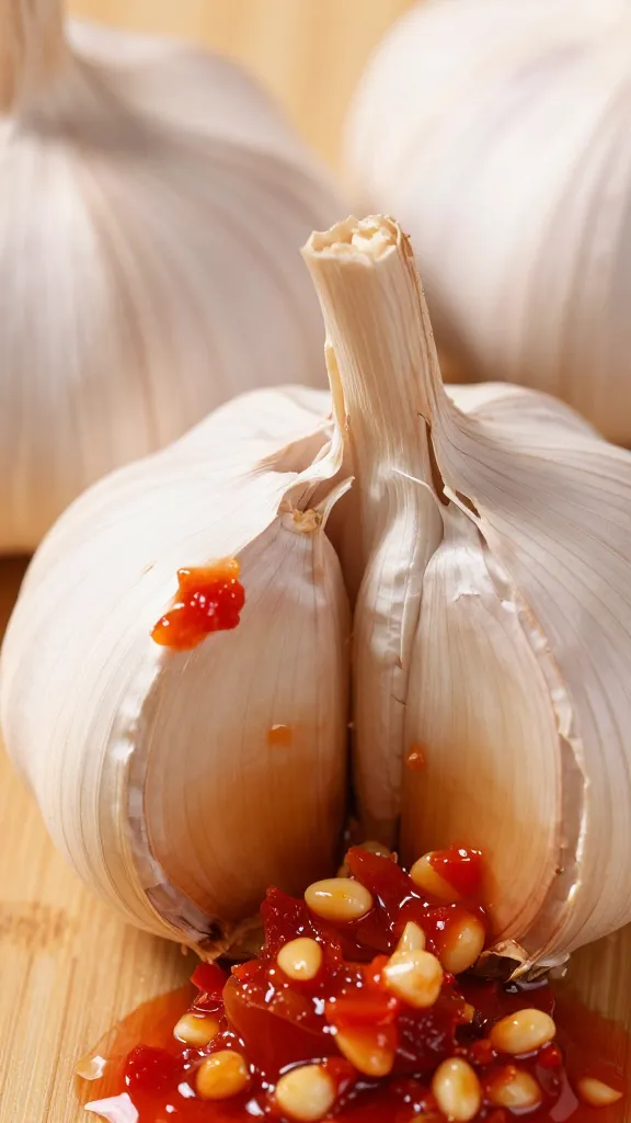 closeup garlic bulb partially dipped in red adjika