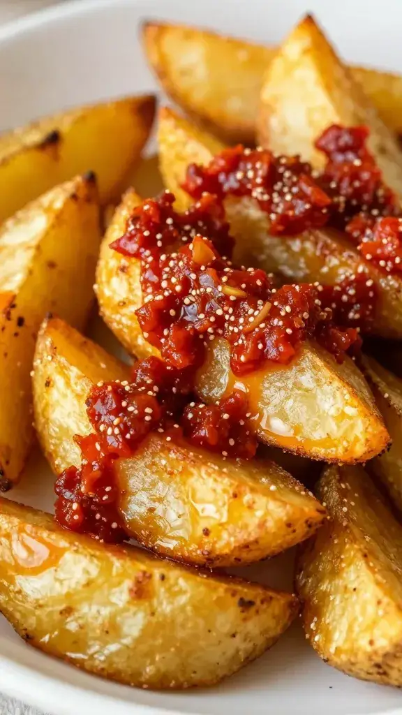 golden roasted potato wedge coated in red adjika