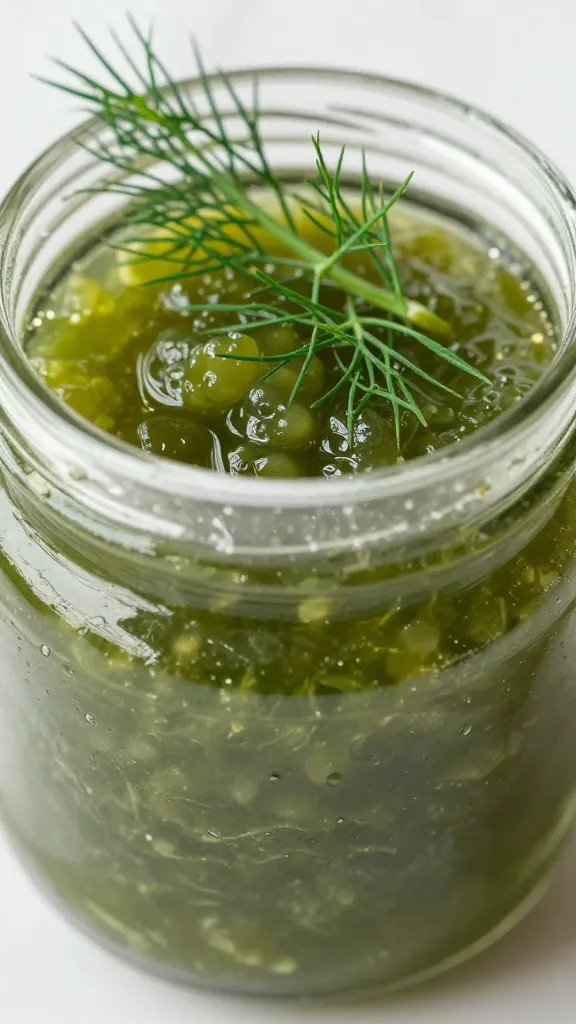 closeup jar of green tkemali with dill sprig