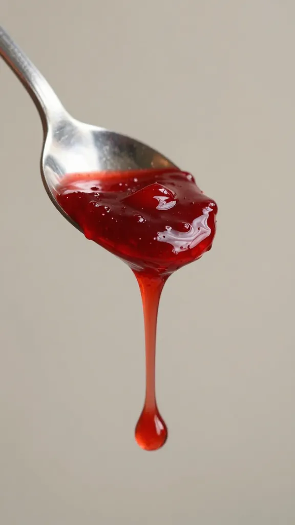 spoonful of red tkemali dripping from silver spoon