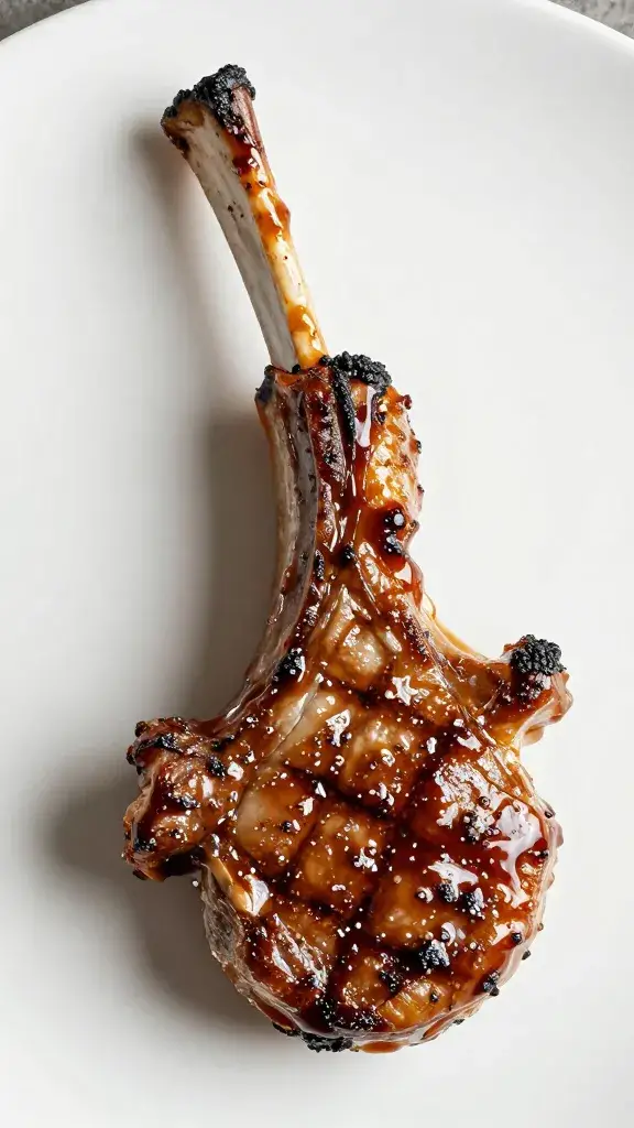 single grilled lamb chop brushed with tkemali glaze