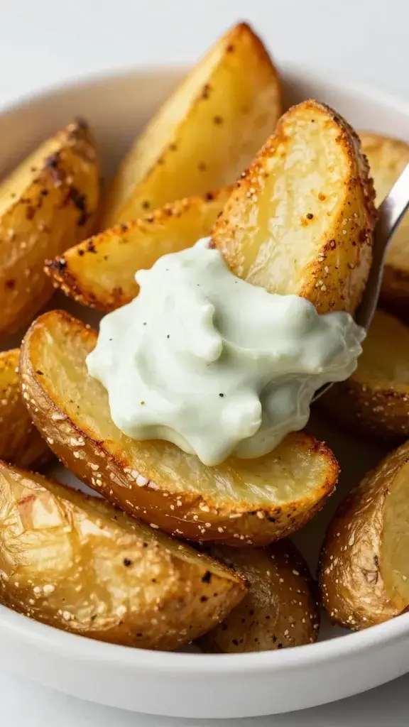 roasted potato wedge dipped in green tkemali