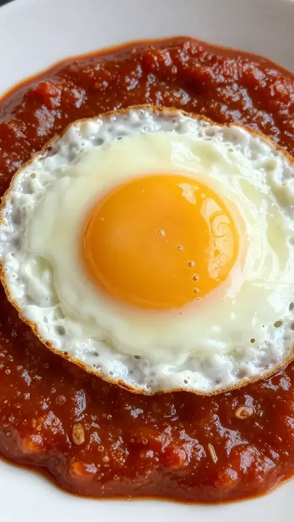 fried egg topped with red tkemali, macro shot