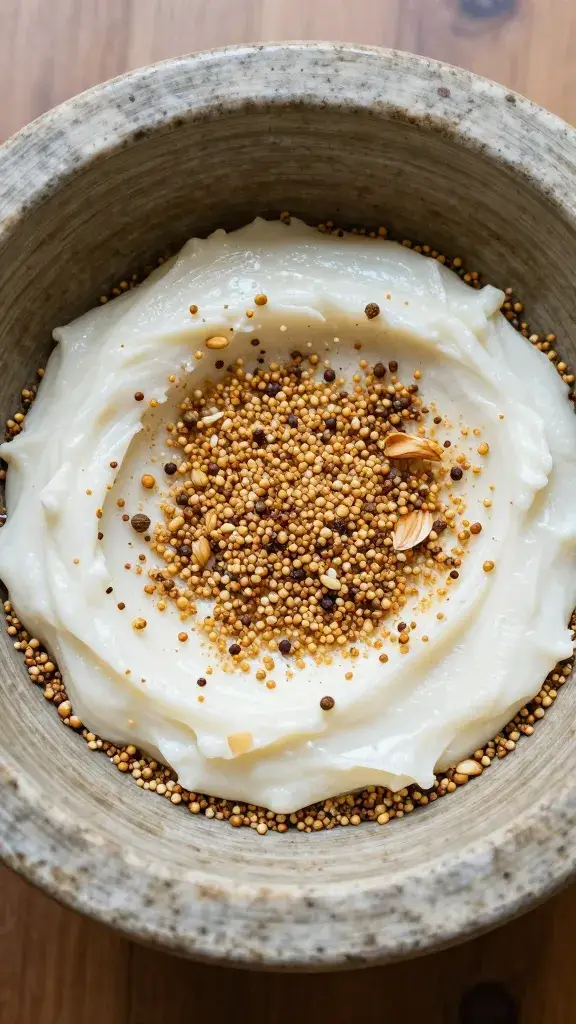 mortar with crushed garlic and coriander seeds, tkemali smear