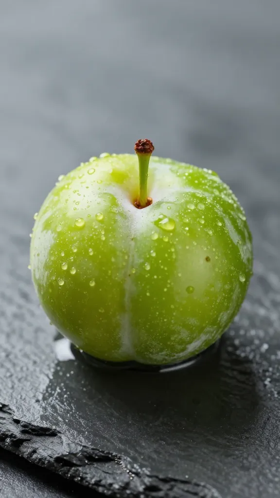 unripe green cherry plum on wet slate, macro