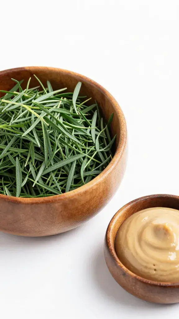 wooden bowl of tarragon leaves beside tkemali stain