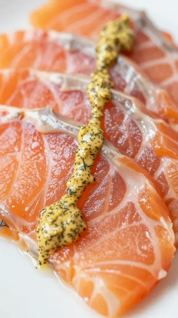 closeup of gravlax slice draped with dill mustard