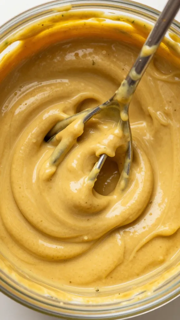 whisk coated in dill mustard, overhead macro