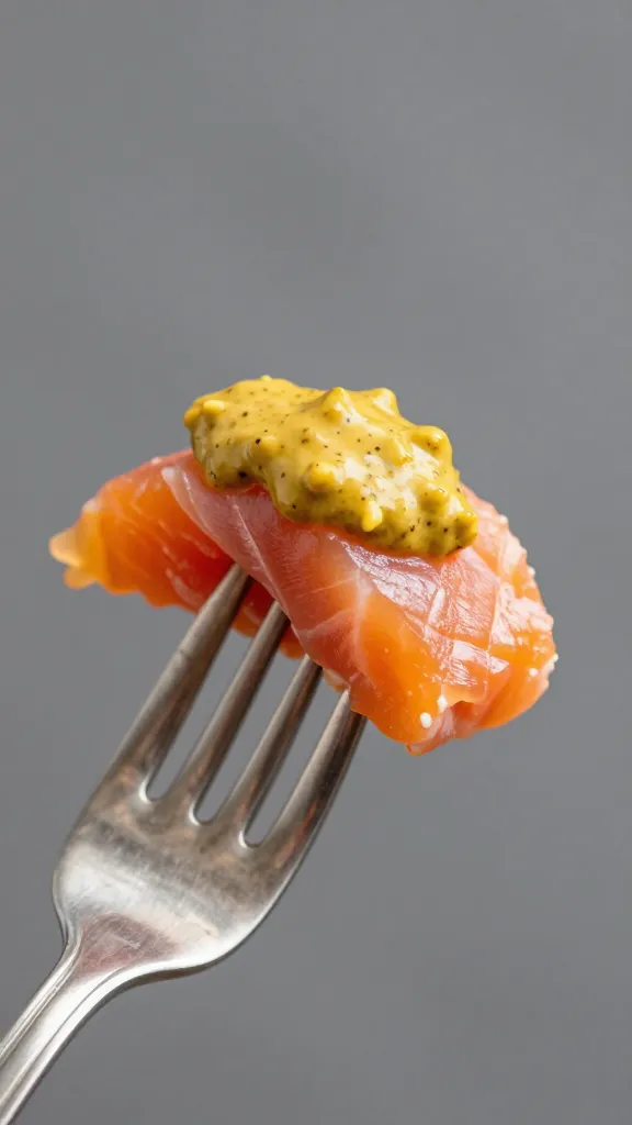 mustard-dipped salmon bite on silver fork, closeup