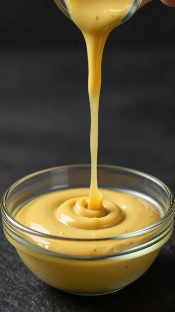stream of dill mustard pouring into glass bowl