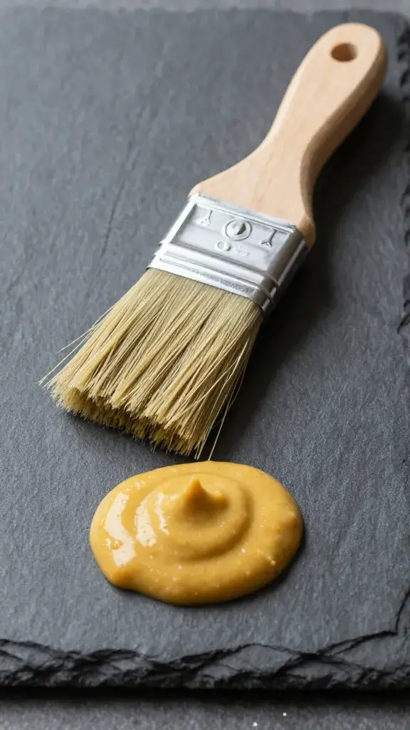 brushed stroke of dill mustard on slate board