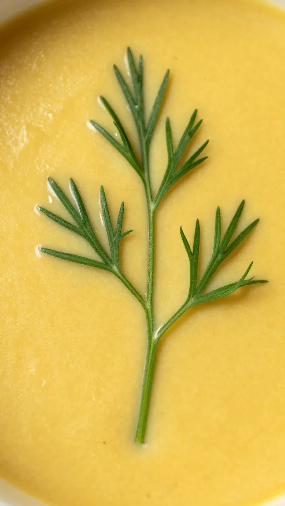 fresh dill sprig embedded in mustard surface, macro