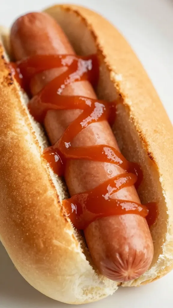 closeup bratwurst in toasted bun with curry ketchup