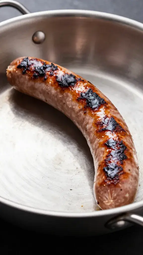 stainless skillet searing single bratwurst, char blistering