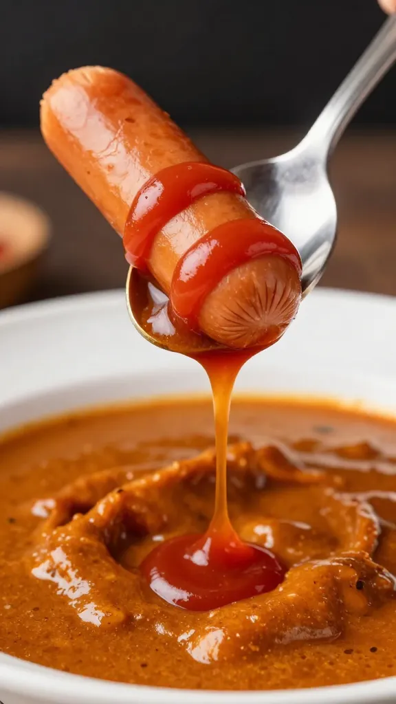 spoon dripping curry ketchup over bratwurst tip