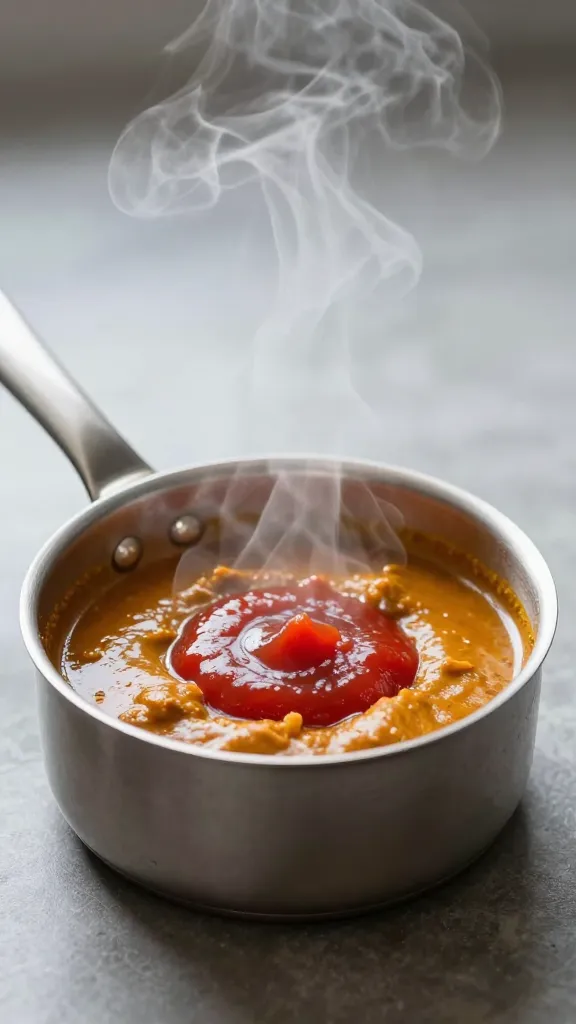 small saucepan simmering curry ketchup, steam rising