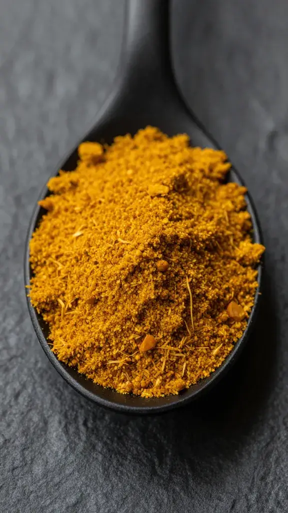 mustard-yellow curry powder mound on black spoon