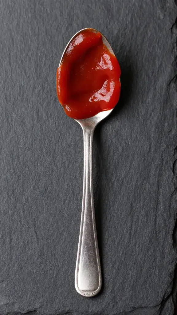ketchup-streaked chef spoon on slate surface