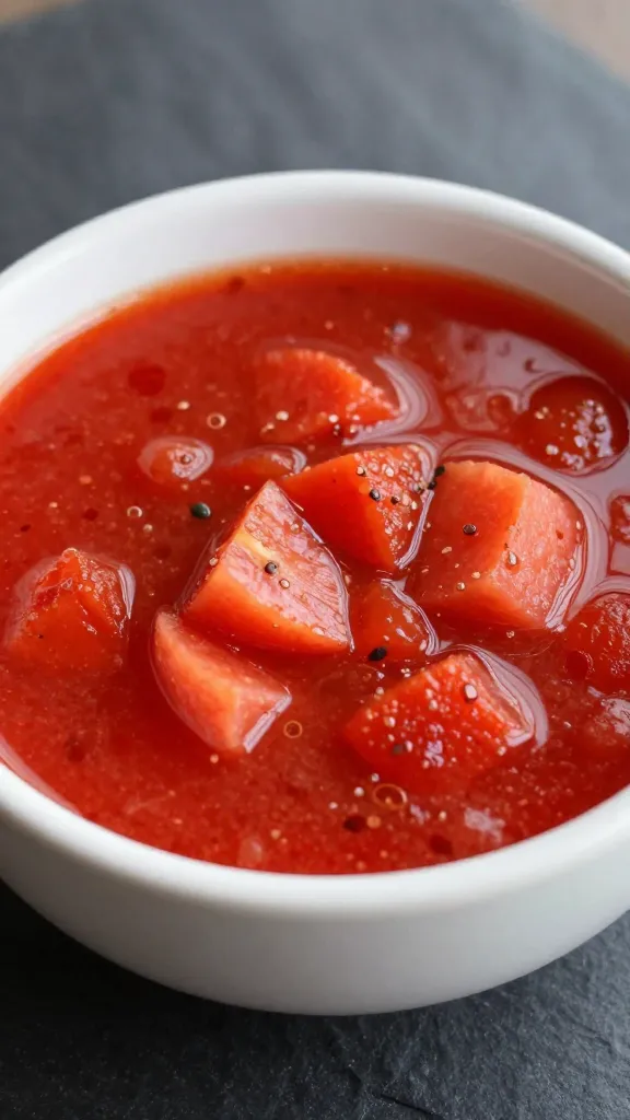 closeup bowl of red mojo picón on slate background