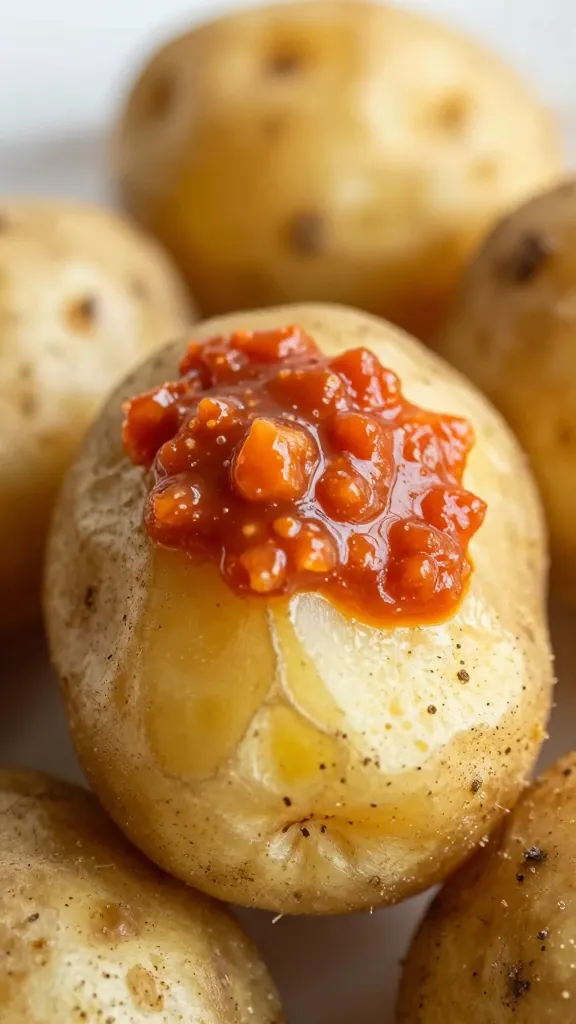 wrinkled salt potato dipped in mojo picón, macro